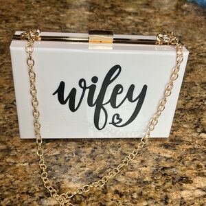 Elegant WIFEY White Clutch with Gold Chain
